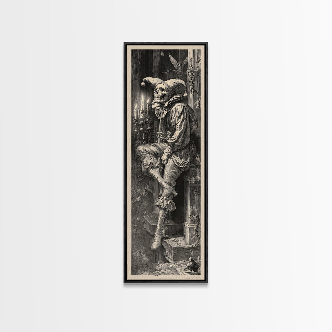 The Phantom Jester, Gothic Engraving Art, Tall Narrow Wall Art, Dark Fantasy Wall Art, Framed Canvas Print, Halloween Wall Art