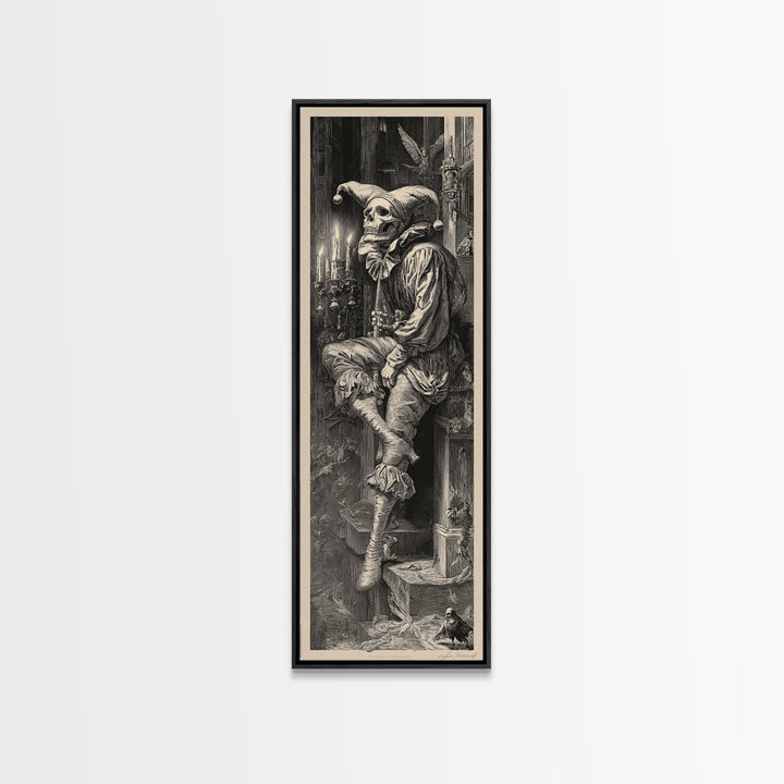 The Phantom Jester, Gothic Engraving Art, Tall Narrow Wall Art, Dark Fantasy Wall Art, Framed Canvas Print, Halloween Wall Art