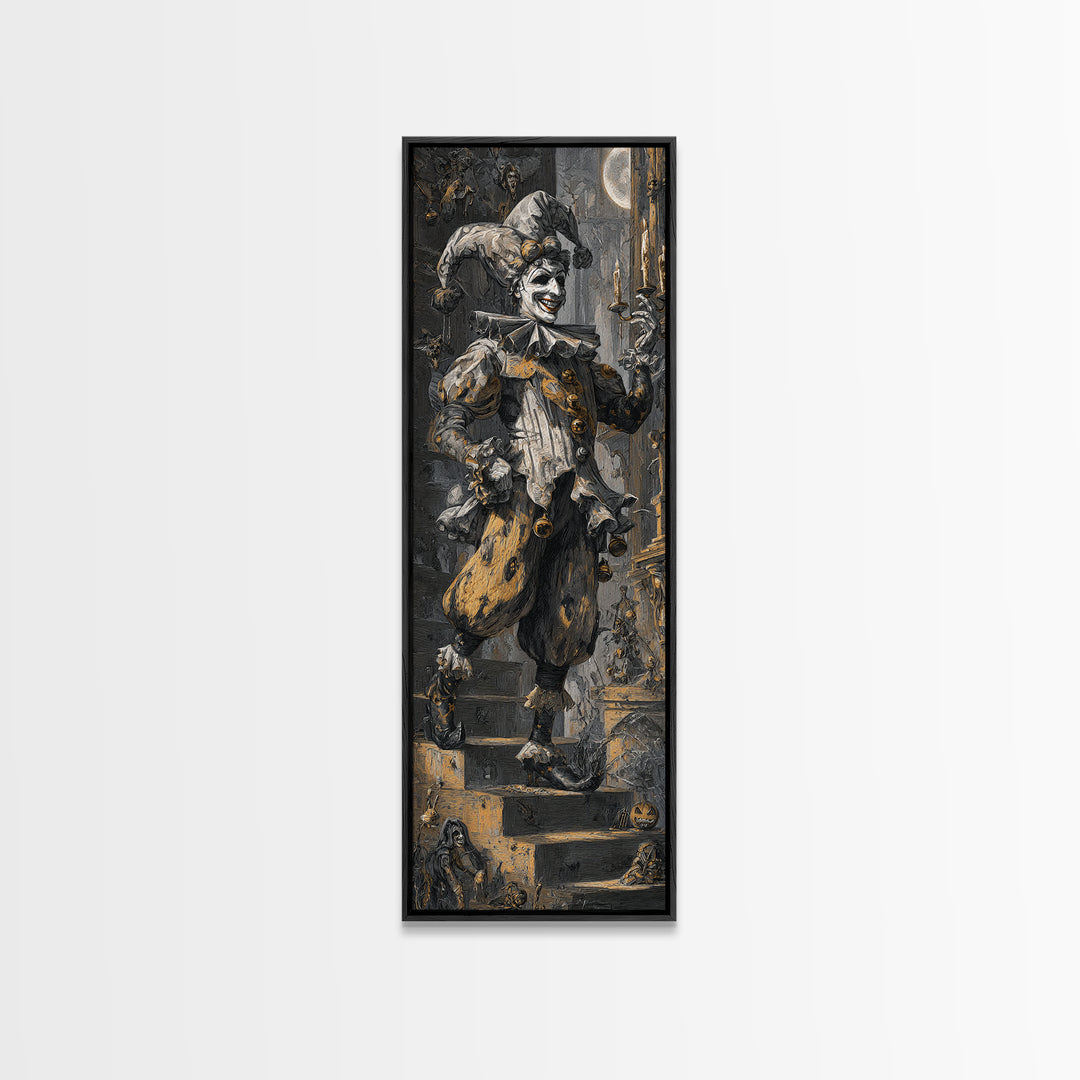 The Phantom Jester, Architectural Etching Art, Tall Narrow Wall Art, Gothic Horror Wall Art, Framed Canvas Print