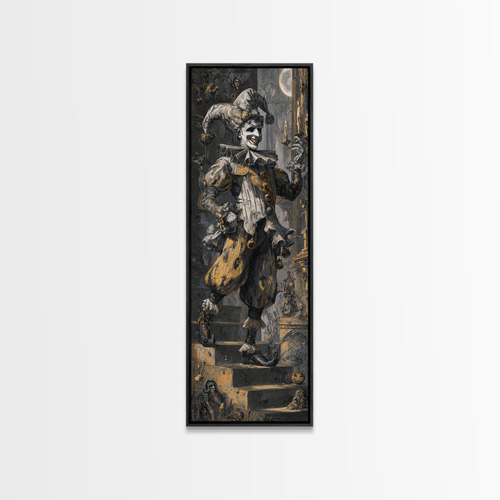 The Phantom Jester, Architectural Etching Art, Tall Narrow Wall Art, Gothic Horror Wall Art, Framed Canvas Print