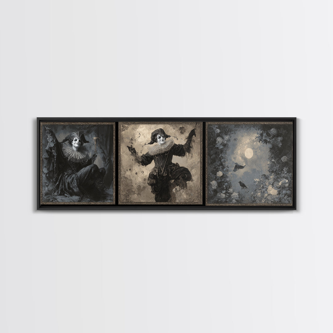 The Phantom Jester, Symbolist Dream Art, Extra Wide Wall Art, Macabre Wall Art, Framed Canvas Print, Halloween Wall Art