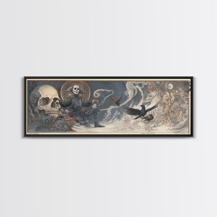 The Phantom Jester, Symbolist Death Art, Extra Wide Wall Art, Dark Fantasy Wall Art, Framed Canvas Print, Halloween Wall Art