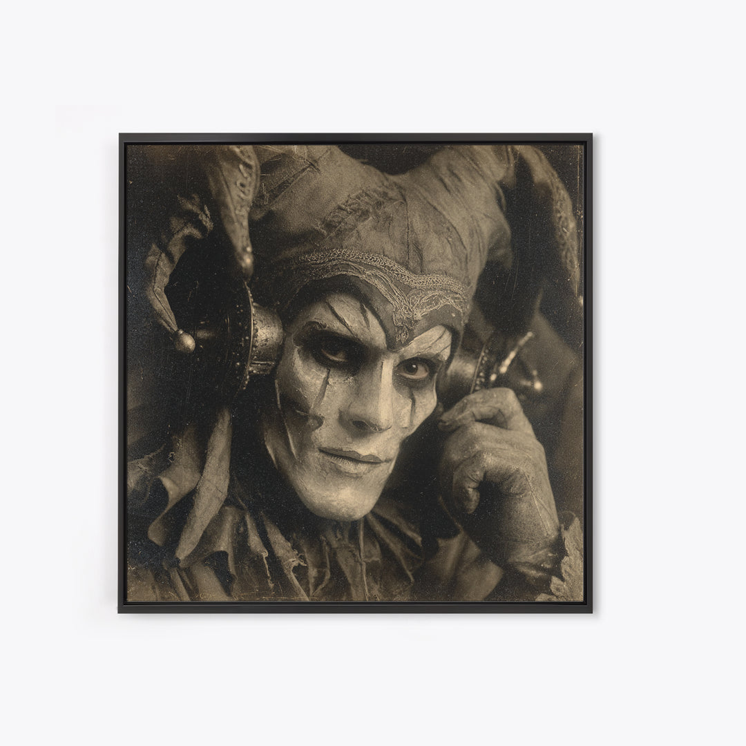 The Phantom Jester, Dark Symbolist Art, Square Wall Art, Gothic Horror Wall Art, Framed Canvas Print, Halloween Wall Art