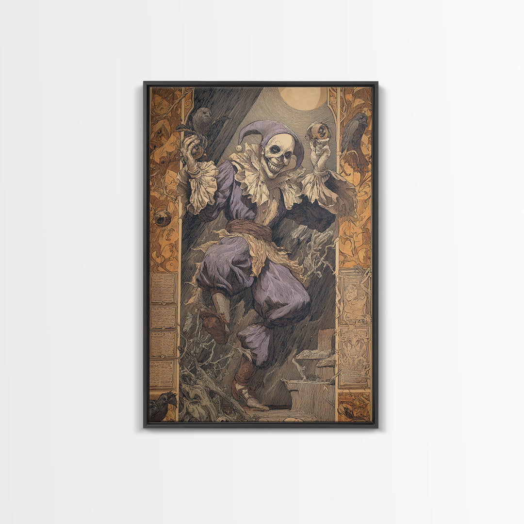 The Phantom Jester, Symbolist Etching Art, Vertical Wall Art, Dark Halloween Decor, Framed Canvas Print, Halloween Wall Art