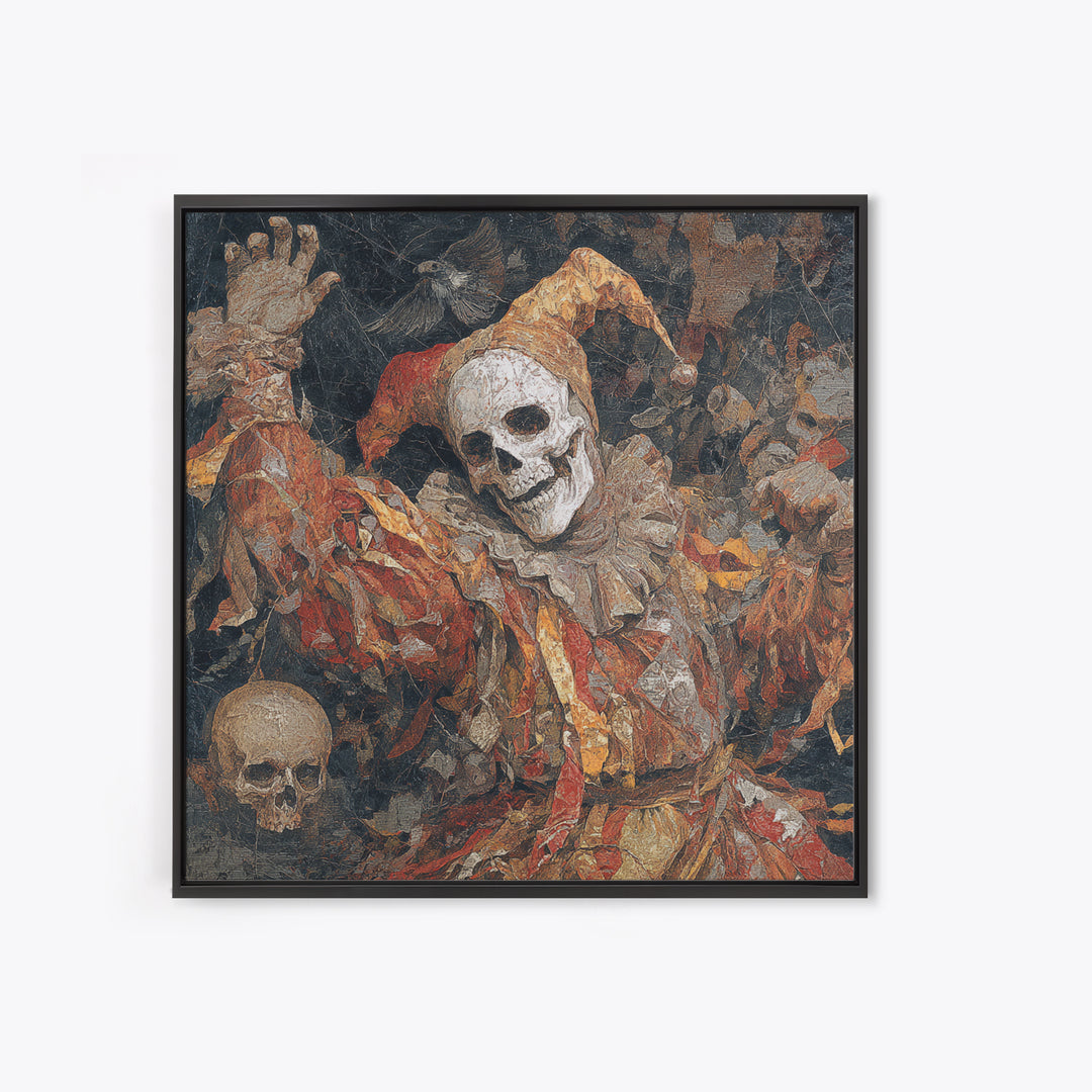The Phantom Jester, Grotesque Carnival Art, Square Wall Art, Macabre Wall Art, Framed Canvas Print, Halloween Wall Art, Halloween Decor
