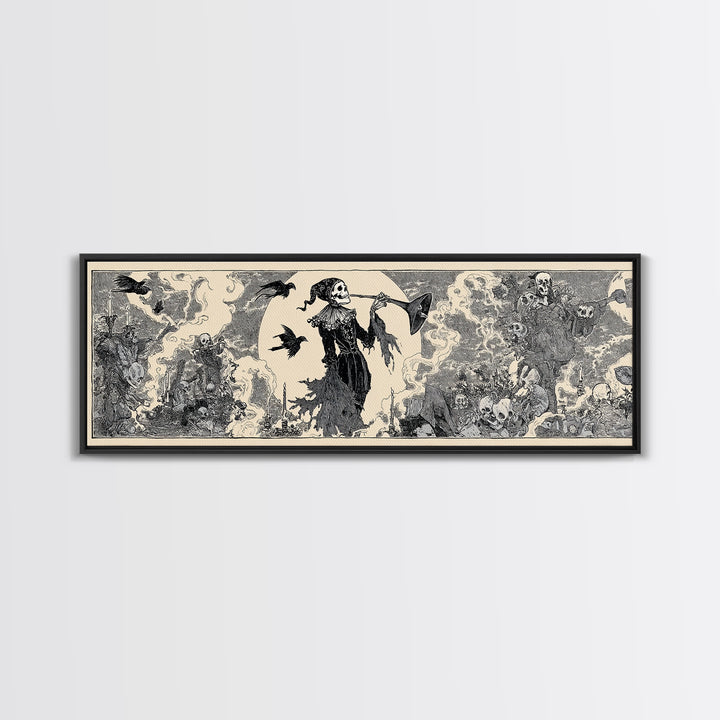 The Phantom Jester, Decadent Line Art, Extra Wide Wall Art, Gothic Horror Wall Art, Framed Canvas Print, Halloween Wall Art