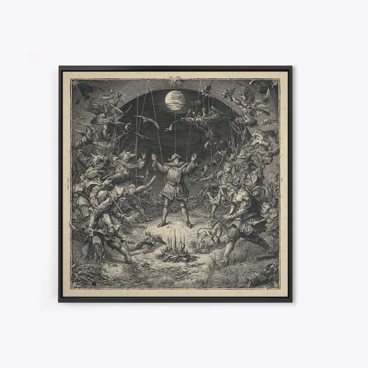 The Marionette Master, Renaissance Engraving Art, Square Wall Art, Dark Halloween Decor, Framed Canvas Print, Halloween Wall Art