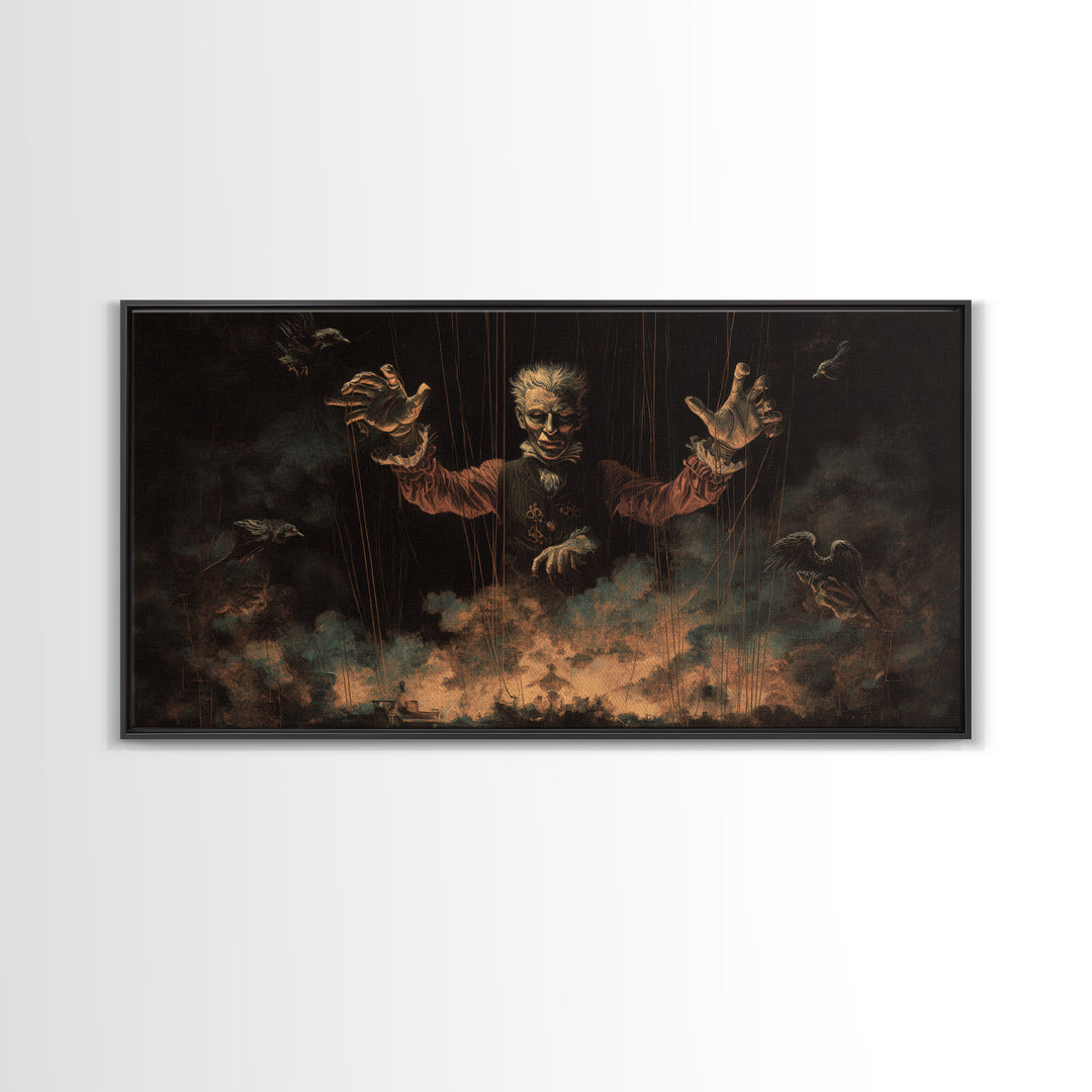 The Marionette Master, Visionary Gothic Art, Wide Panoramic Art, Dark Halloween Decor, Framed Canvas Print, Halloween Wall Art