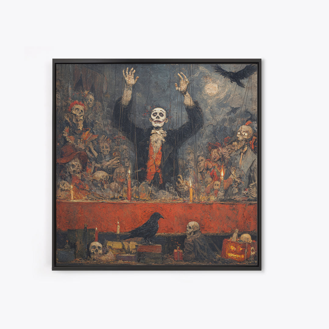 The Marionette Master, Grotesque Carnival Art, Square Wall Art, Dark Halloween Decor, Framed Canvas Print, Halloween Wall Art