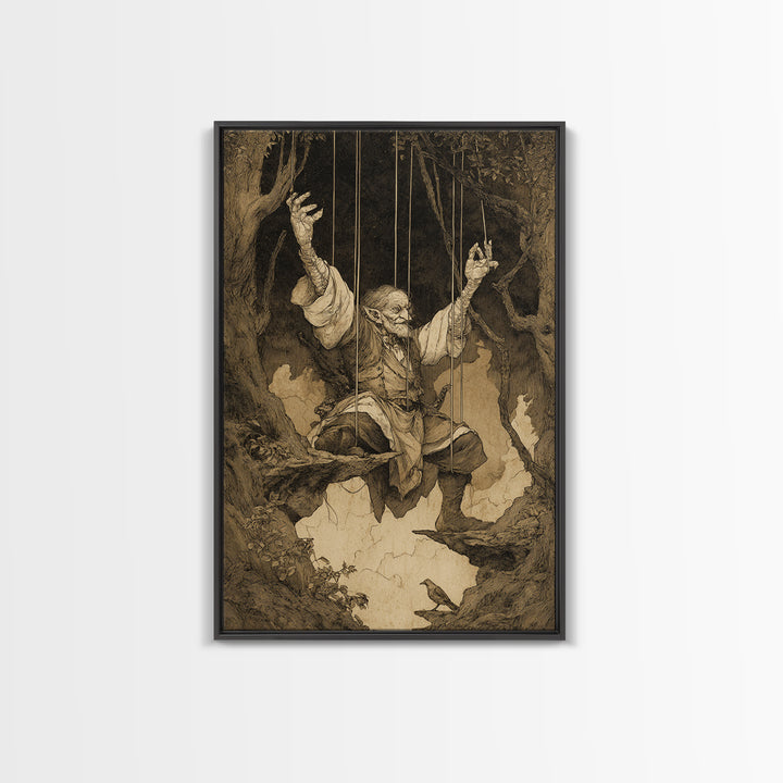 The Marionette Master, Gothic Storybook Art, Vertical Wall Art, Gothic Horror Wall Art, Canvas Print, Halloween Wall Art