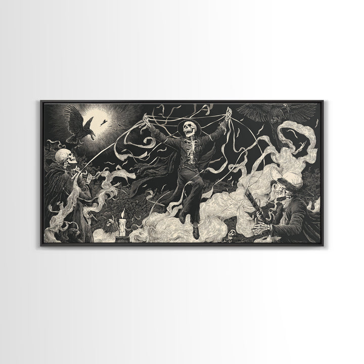 The Marionette Master, Macabre Folk Print Art, Wide Panoramic Art, Dark Halloween Decor, Framed Canvas Print, Halloween Wall Art