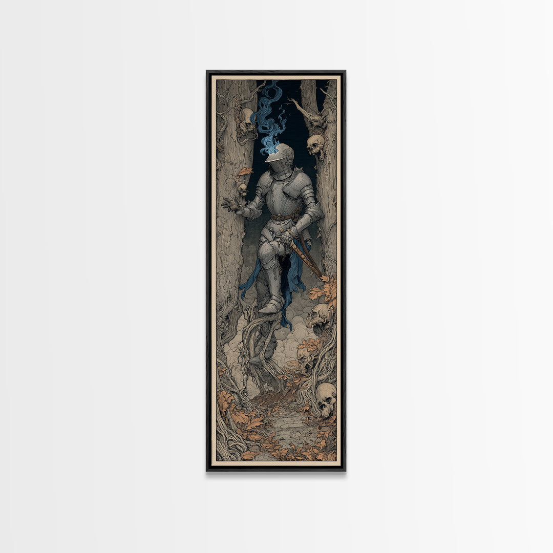The Spectral Knight, Gothic Storybook Art, Tall Narrow Wall Art, Gothic Horror Wall Art, Framed Canvas Print, Halloween Wall Art