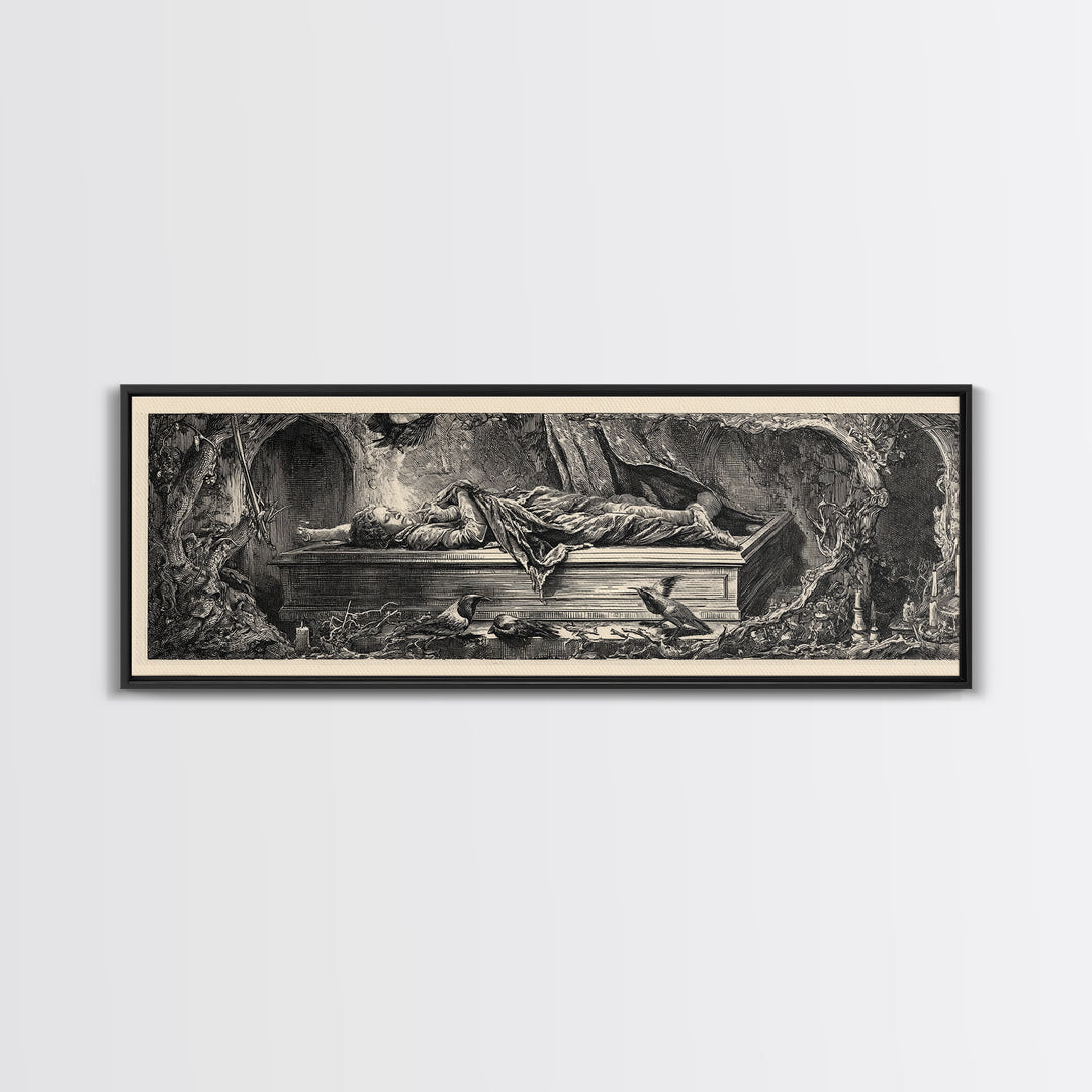 The Coffin Sleeper, Renaissance Engraving Art, Extra Wide Wall Art, Gothic Horror Wall Art, Canvas Print, Halloween Wall Art