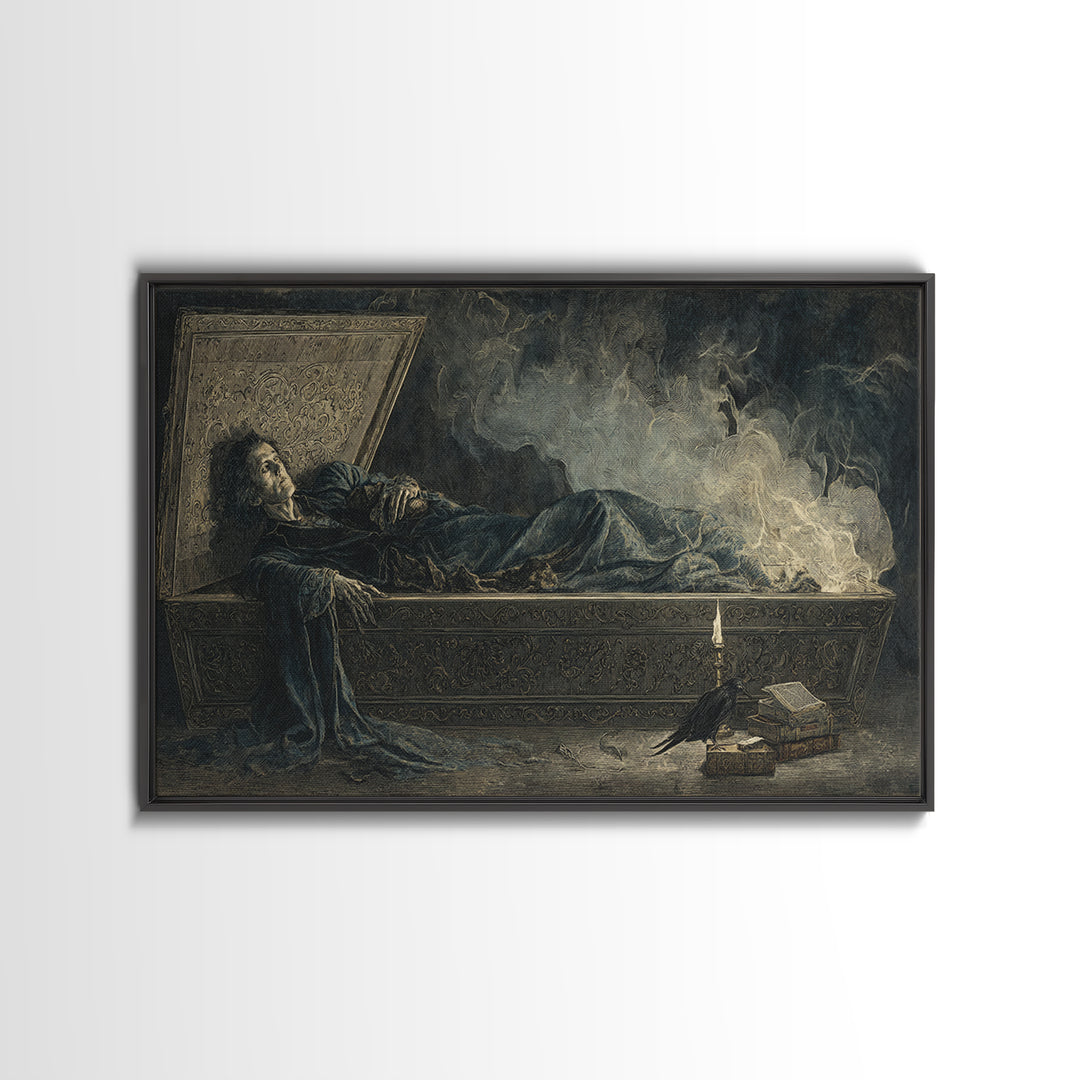 The Coffin Sleeper, Visionary Gothic Art, Wide Panoramic Art, Dark Fantasy Wall Art, Framed Canvas Print, Halloween Wall Art