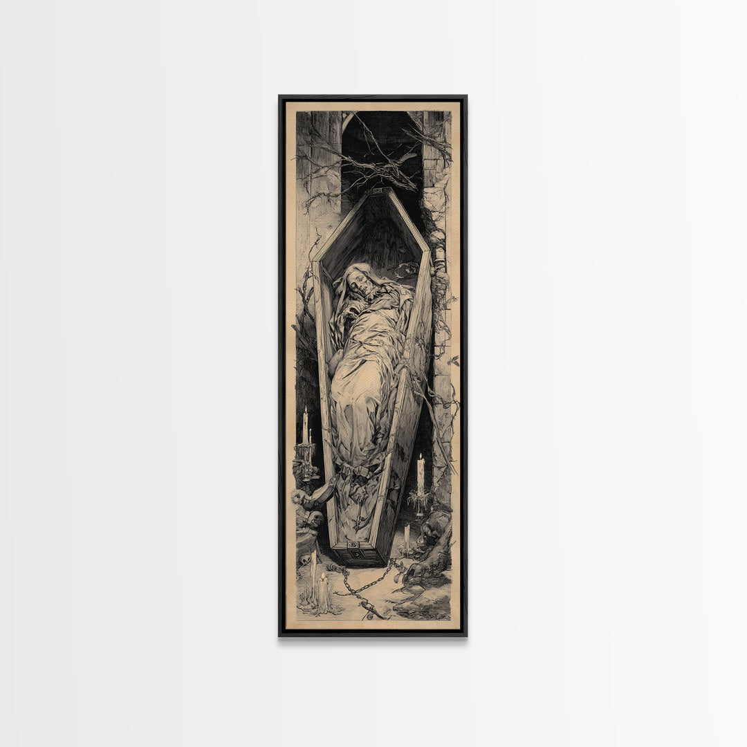The Coffin Sleeper, Architectural Etching Art, Tall Narrow Wall Art, Gothic Horror Wall Art, Canvas Print, Halloween Wall Art