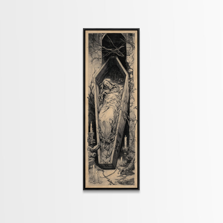 The Coffin Sleeper, Architectural Etching Art, Tall Narrow Wall Art, Gothic Horror Wall Art, Canvas Print, Halloween Wall Art