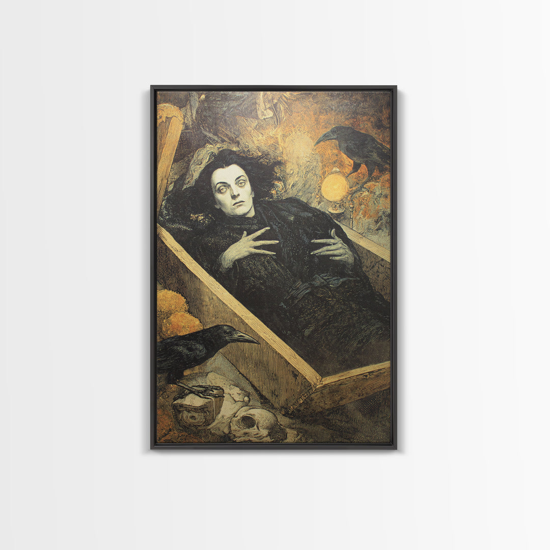 The Coffin Sleeper, Symbolist Etching Art, Vertical Wall Art, Gothic Horror Wall Art, Framed Canvas Print, Halloween Wall Art