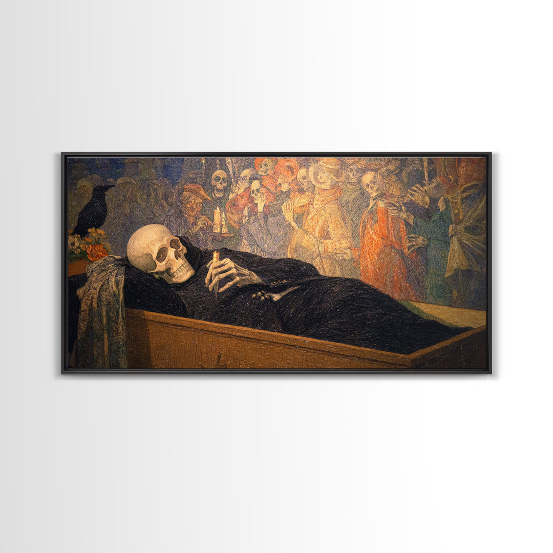 The Coffin Sleeper, Grotesque Carnival Art, Wide Panoramic Art, Dark Halloween Decor, Framed Canvas Print, Halloween Wall Art