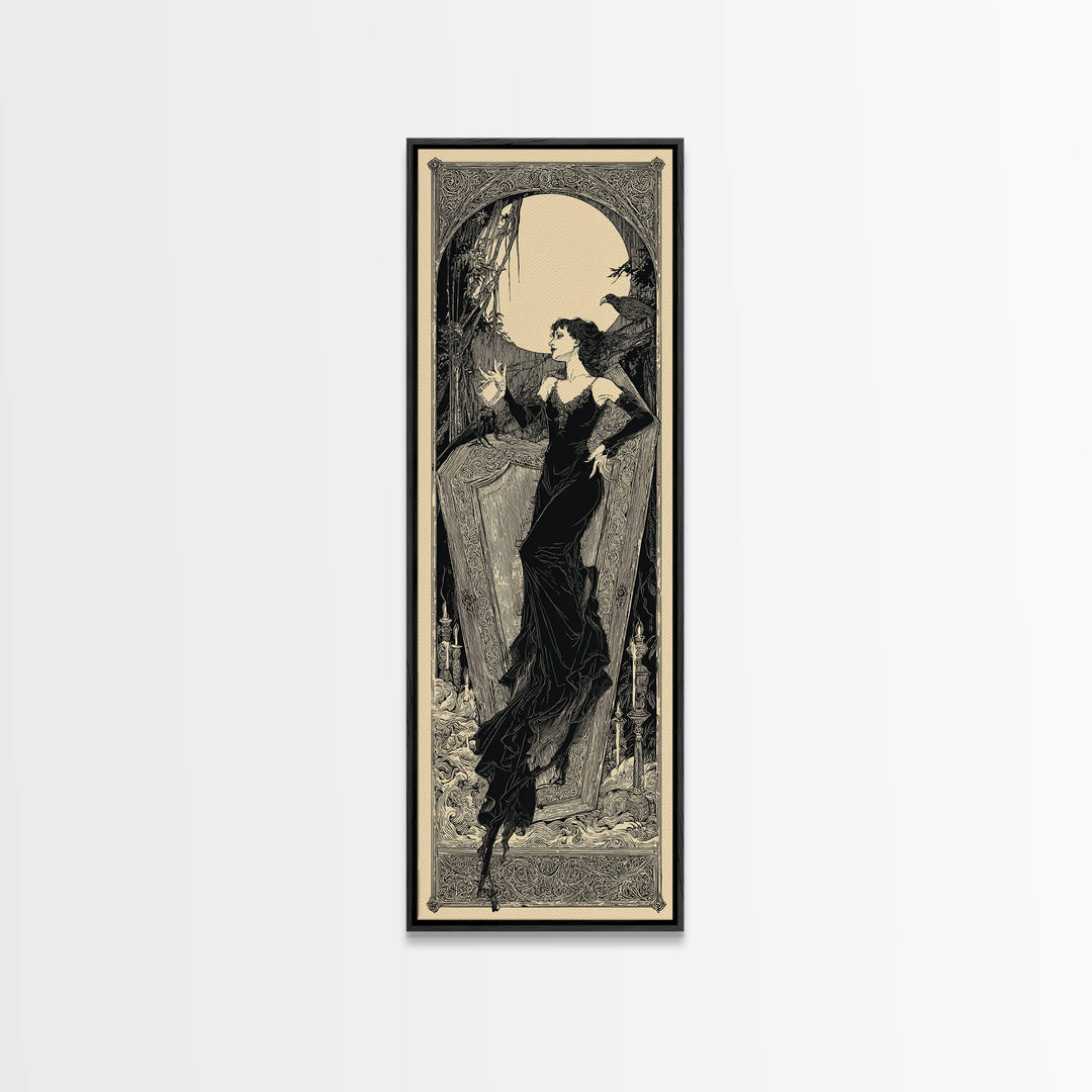 The Coffin Sleeper, Decadent Line Art, Tall Narrow Wall Art, Gothic Horror Wall Art, Canvas Print, Halloween Wall Art