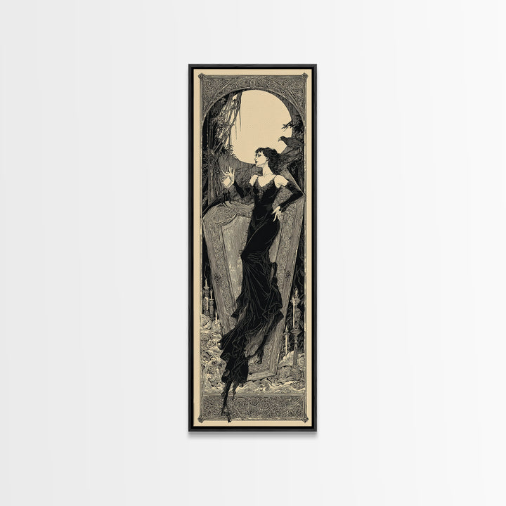 The Coffin Sleeper, Decadent Line Art, Tall Narrow Wall Art, Gothic Horror Wall Art, Canvas Print, Halloween Wall Art