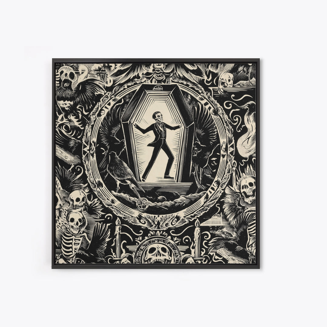 The Coffin Sleeper, Macabre Folk Print Art, Square Wall Art, Dark Halloween Decor, Canvas Print, Halloween Wall Art