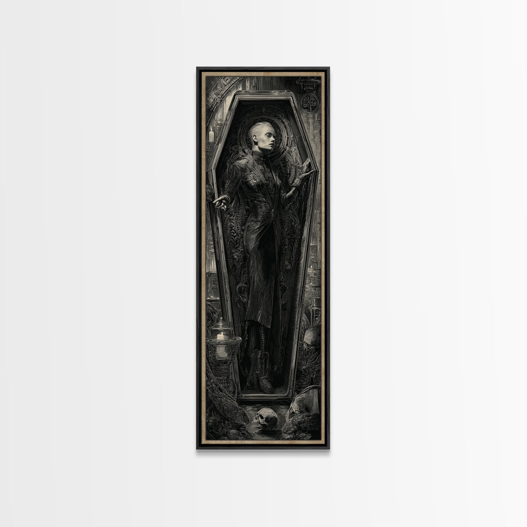 The Coffin Sleeper, Biomechanical Horror Art, Tall Narrow Wall Art, Gothic Horror Wall Art, Framed Canvas Print, Halloween Wall Art
