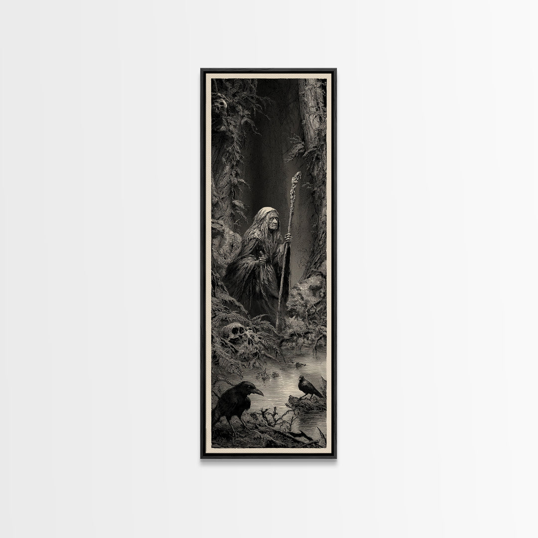 The Swamp Witch, Gothic Engraving Art, Tall Narrow Wall Art, Macabre Wall Art, Framed Canvas Print, Halloween Wall Art
