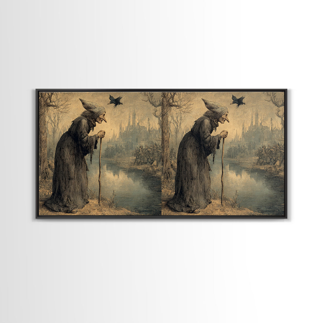 The Swamp Witch, Northern Renaissance Horror, Wide Panoramic Art, Dark Halloween Decor, Canvas Print, Halloween Wall Art