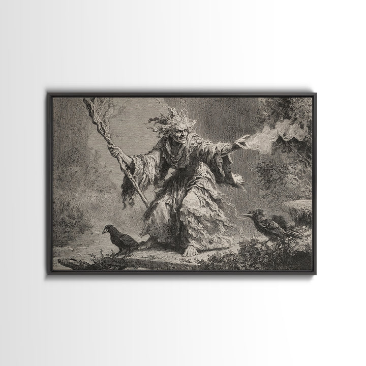 The Swamp Witch, Architectural Etching Art, Landscape Wall Art, Dark Halloween Decor, Canvas Print, Halloween Wall Art
