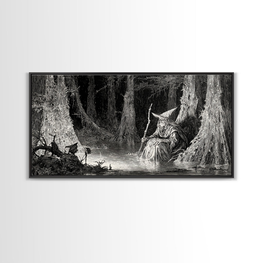 The Swamp Witch, Expressionist Nightmare Art, Wide Panoramic Art, Dark Fantasy Wall Art, Canvas Print, Halloween Wall Art, Dark Fantasy Art