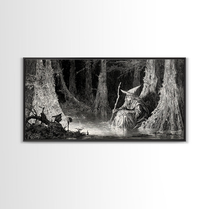 The Swamp Witch, Expressionist Nightmare Art, Wide Panoramic Art, Dark Fantasy Wall Art, Canvas Print, Halloween Wall Art, Dark Fantasy Art