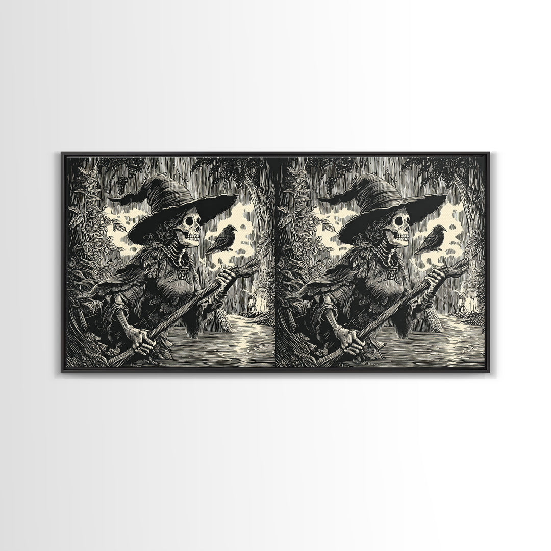 The Swamp Witch, Macabre Folk Print Art, Wide Panoramic Art, Dark Fantasy Wall Art, Canvas Print, Halloween Wall Art