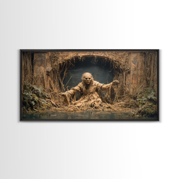 The Bog Mummy, Northern Renaissance Horror, Wide Panoramic Art, Dark Halloween Decor, Canvas Print, Halloween Wall Art