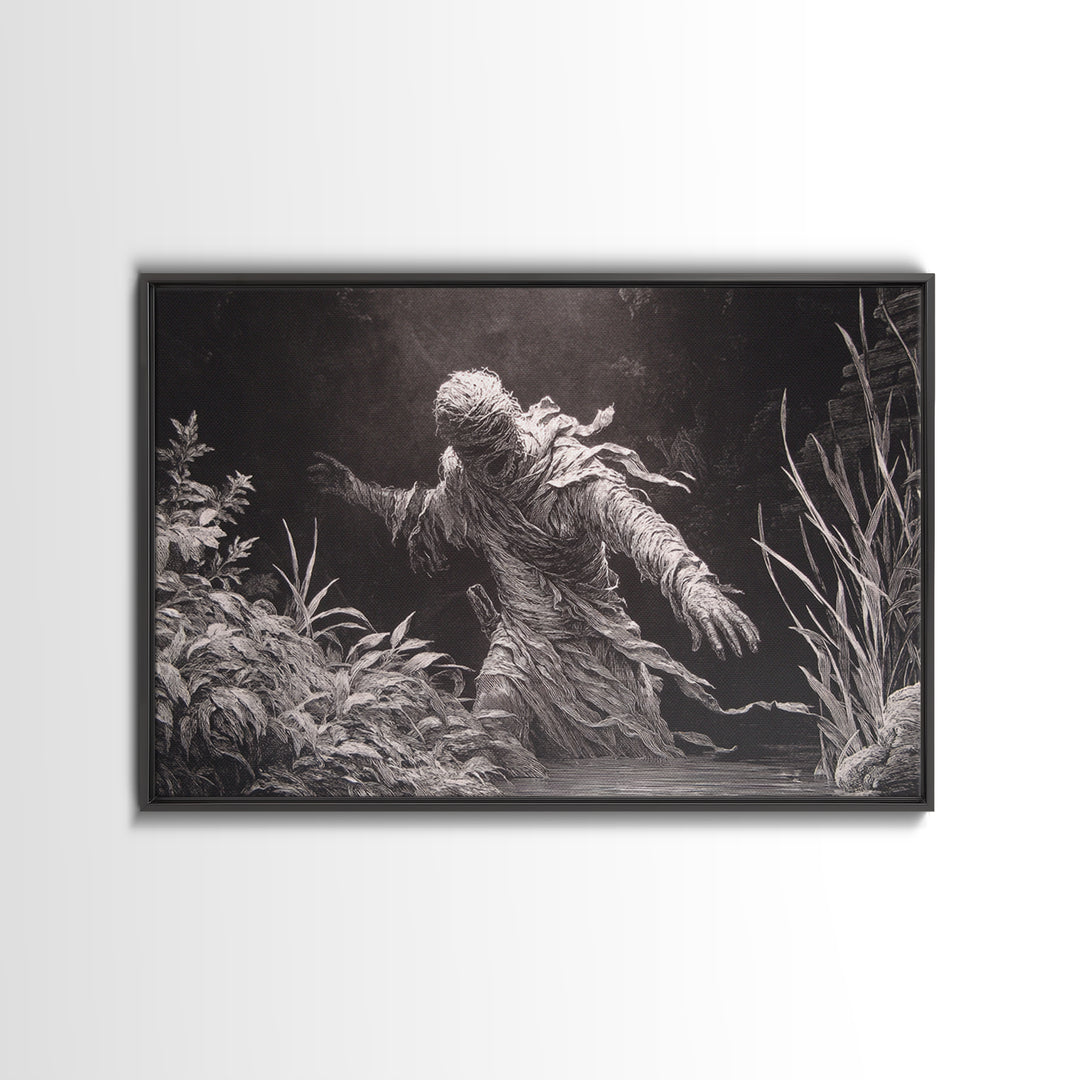 The Bog Mummy, Architectural Etching Art, Landscape Wall Art, Dark Halloween Decor, Framed Canvas Print, Halloween Wall Art