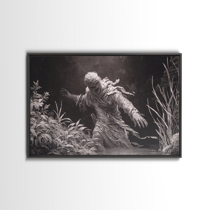 The Bog Mummy, Architectural Etching Art, Landscape Wall Art, Dark Halloween Decor, Framed Canvas Print, Halloween Wall Art