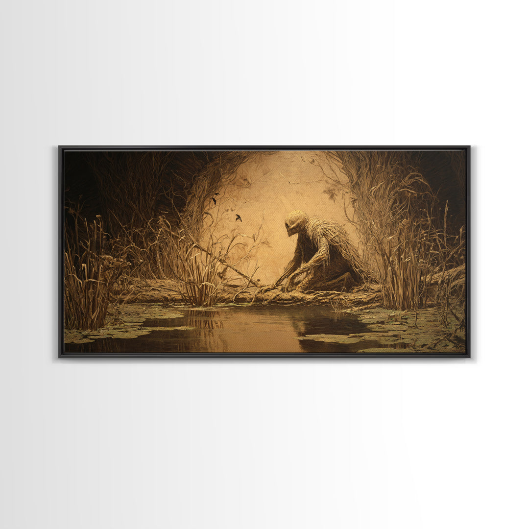 The Bog Mummy, Expressionist Nightmare Art, Wide Panoramic Art, Macabre Wall Art, Framed Canvas Print, Halloween Wall Art, Halloween Decor