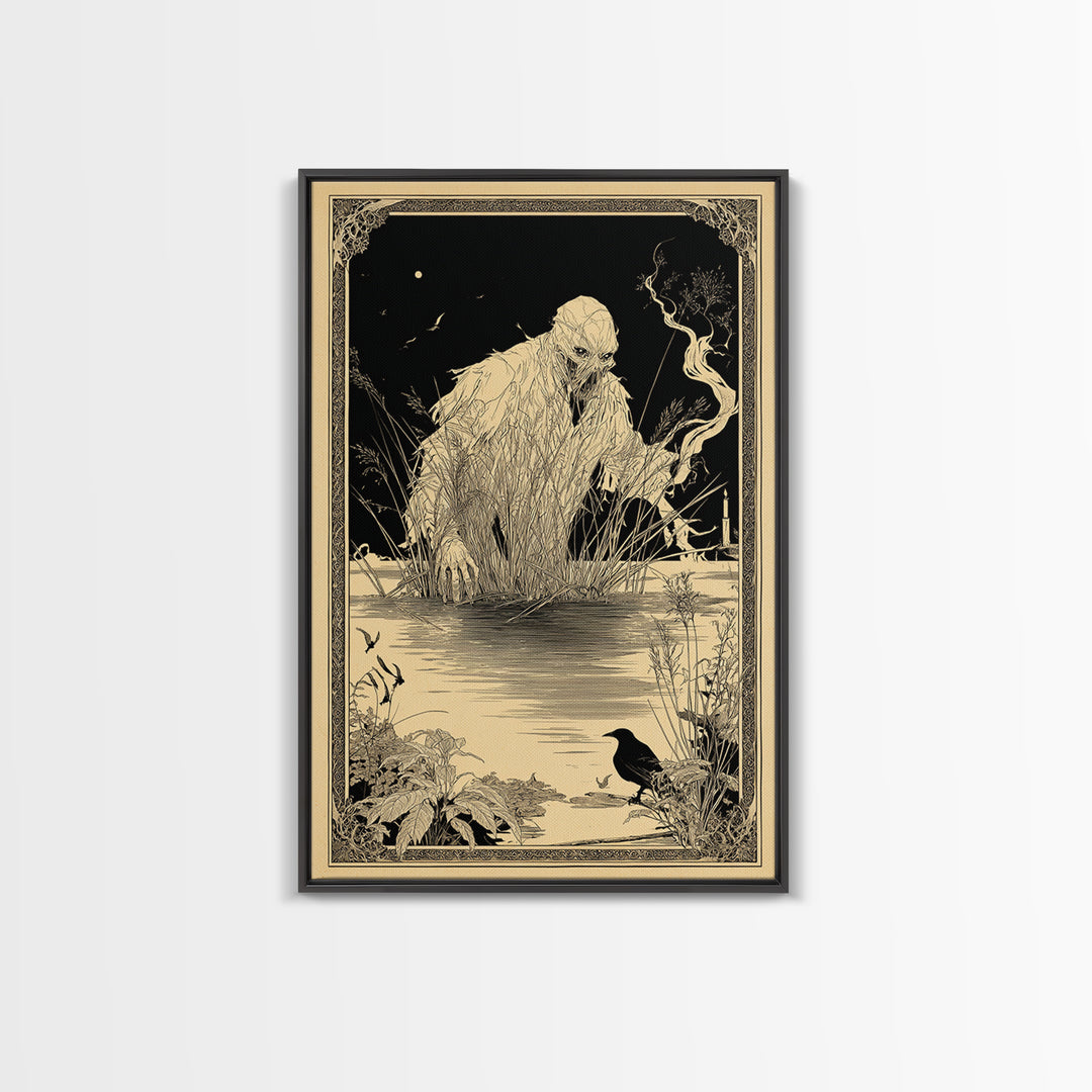 The Bog Mummy, Decadent Line Art, Vertical Wall Art, Dark Fantasy Wall Art, Framed Canvas Print, Halloween Wall Art