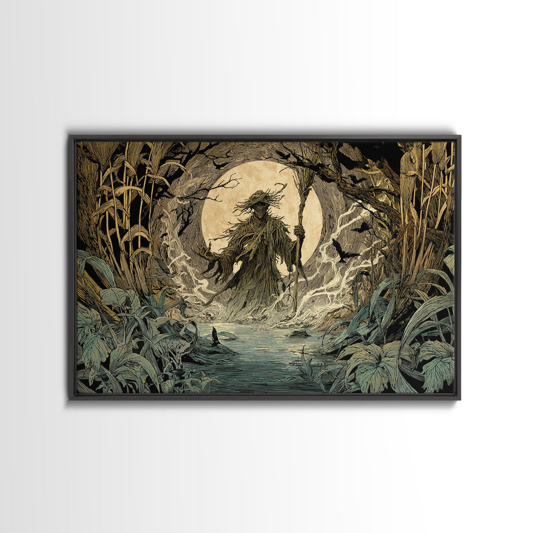 The Bog Mummy, Gothic Storybook Art, Landscape Wall Art, Dark Halloween Decor, Framed Canvas Print, Halloween Wall Art