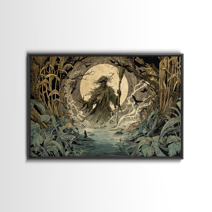 The Bog Mummy, Gothic Storybook Art, Landscape Wall Art, Dark Halloween Decor, Framed Canvas Print, Halloween Wall Art