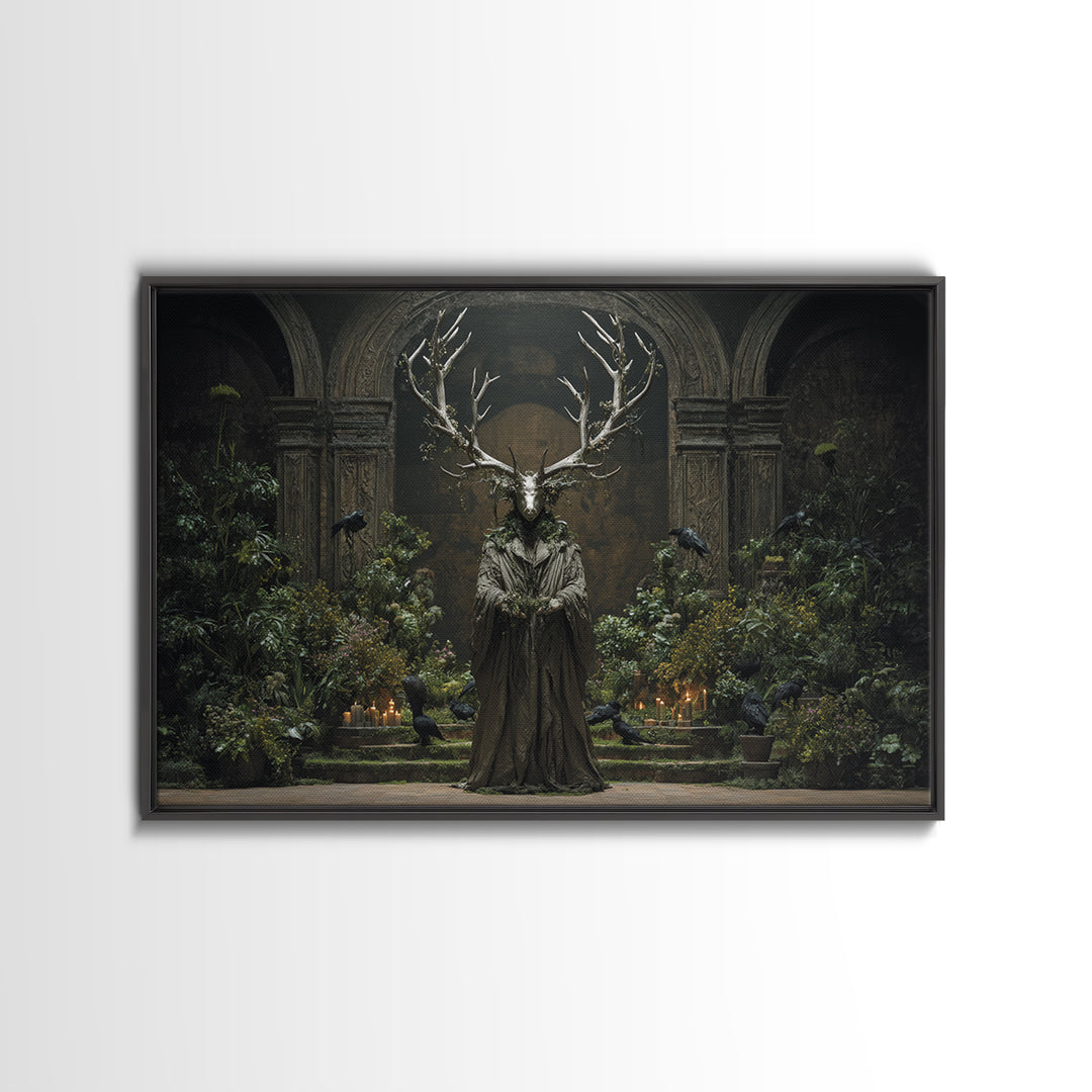The Antlered Forest Spirit, Medieval Grotesque Art, Landscape Wall Art, Dark Halloween Decor, Canvas Print, Halloween Wall Art