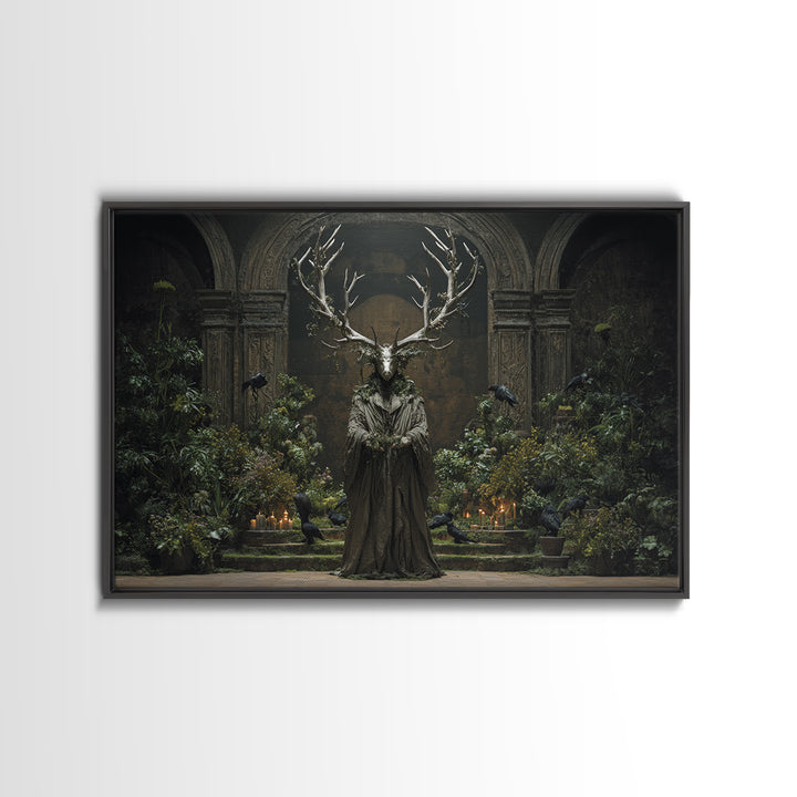 The Antlered Forest Spirit, Medieval Grotesque Art, Landscape Wall Art, Dark Halloween Decor, Canvas Print, Halloween Wall Art