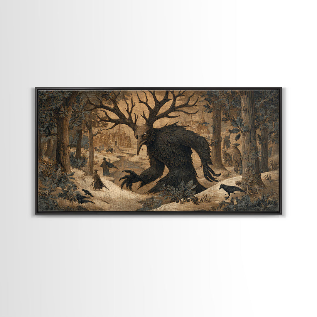 The Antlered Forest Spirit, Northern Renaissance Horror, Wide Panoramic Art, Macabre Wall Art, Canvas Print, Halloween Wall Art