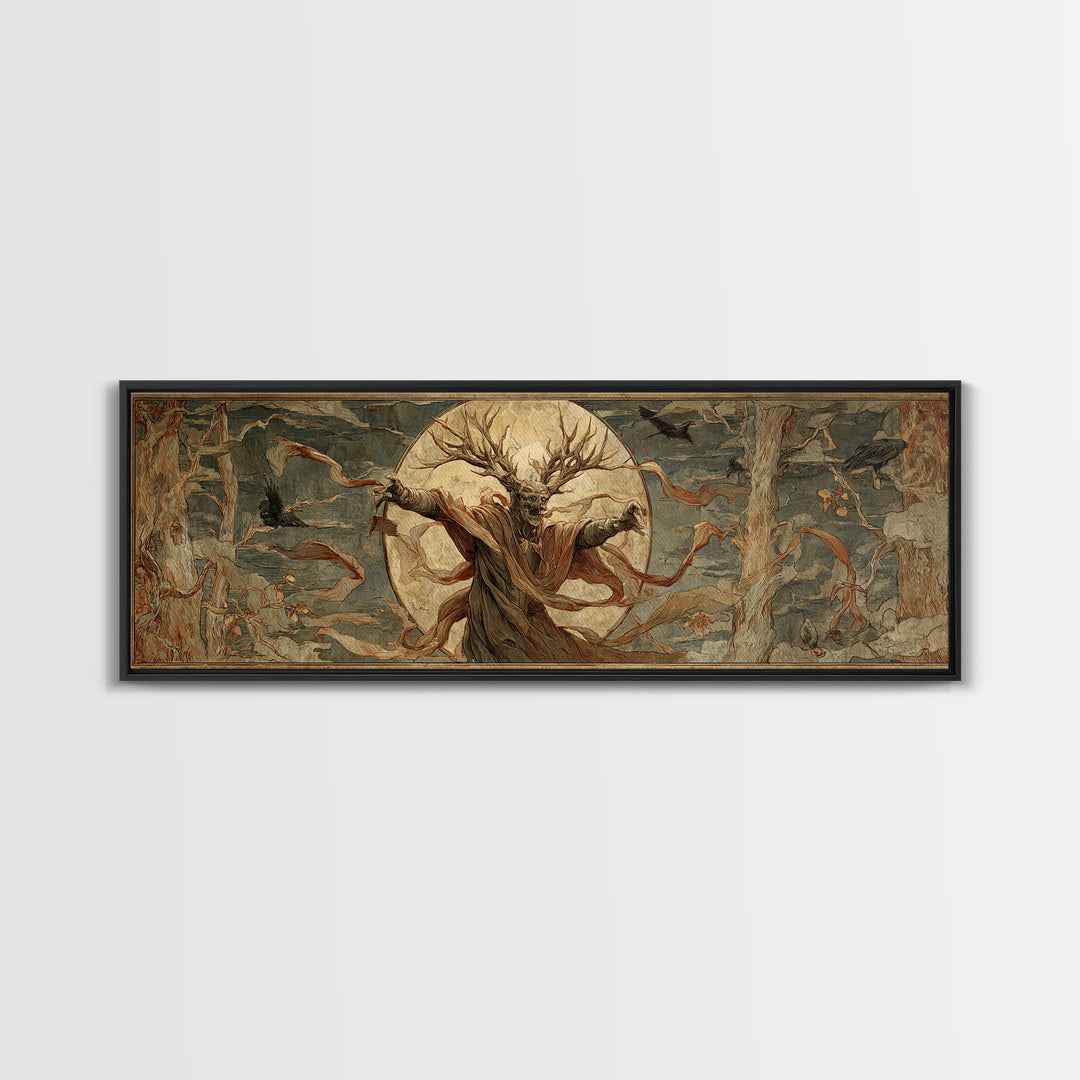 The Antlered Forest Spirit, Dark Renaissance Art, Extra Wide Wall Art, Macabre Wall Art, Canvas Print, Halloween Wall Art