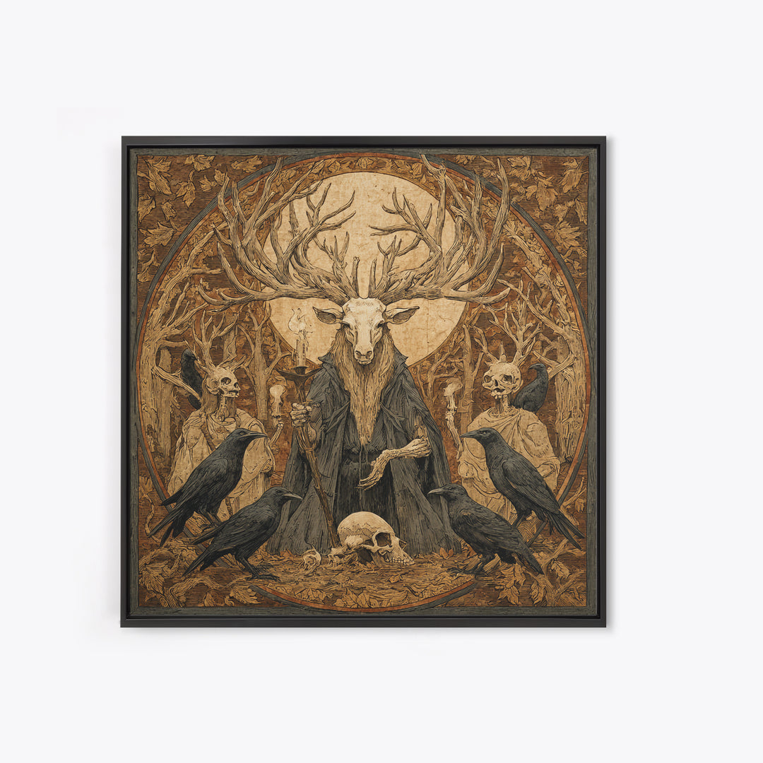 The Antlered Forest Spirit, Danse Macabre Art, Square Wall Art, Dark Halloween Decor, Framed Canvas Print