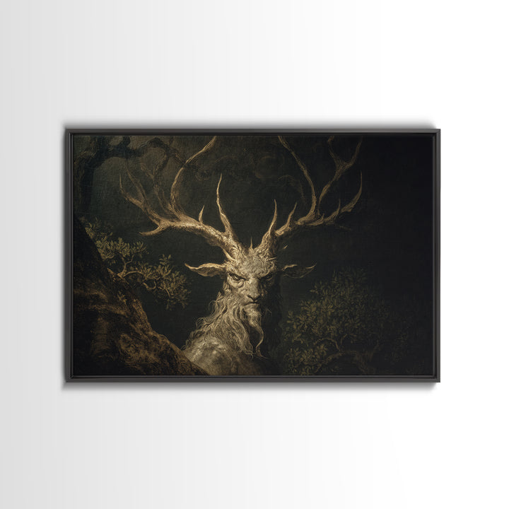 The Antlered Forest Spirit, Baroque Witchcraft Art, Landscape Wall Art, Macabre Wall Art, Framed Canvas Print, Halloween Wall Art