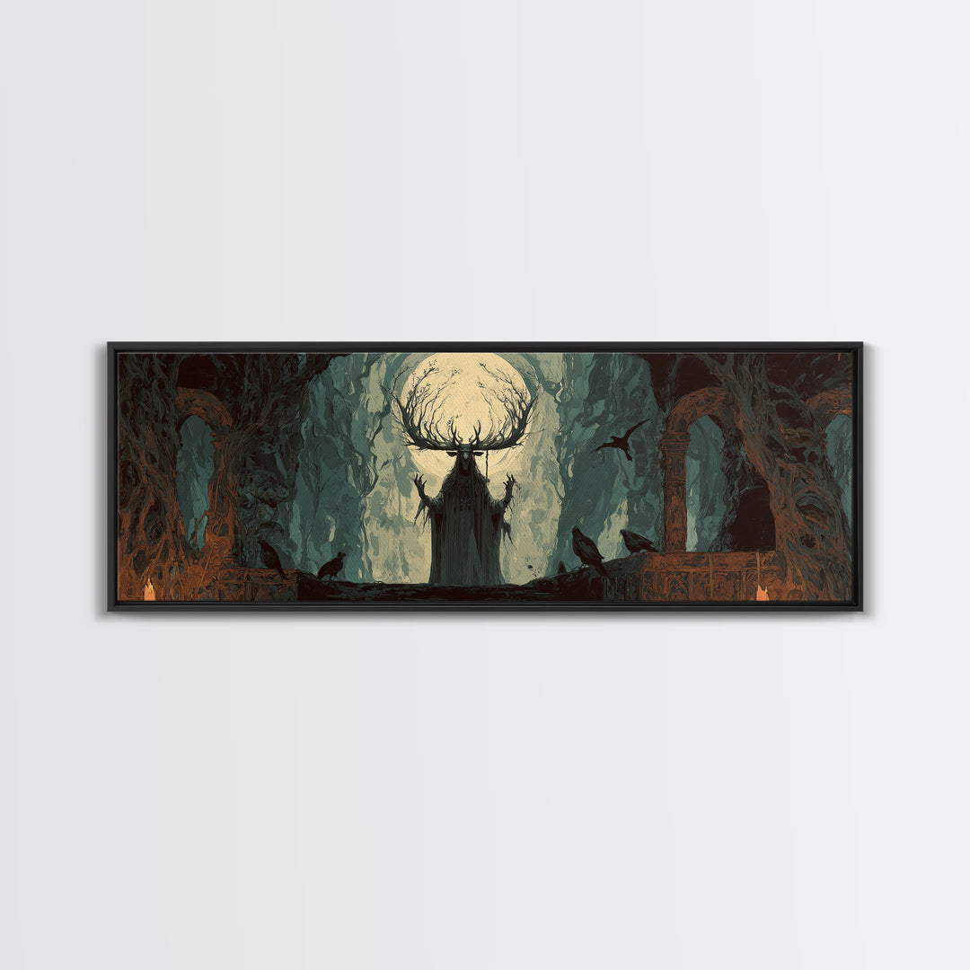 The Antlered Forest Spirit, Dark Romantic Horror Art, Extra Wide Wall Art, Dark Halloween Decor, Canvas Print, Halloween Wall Art