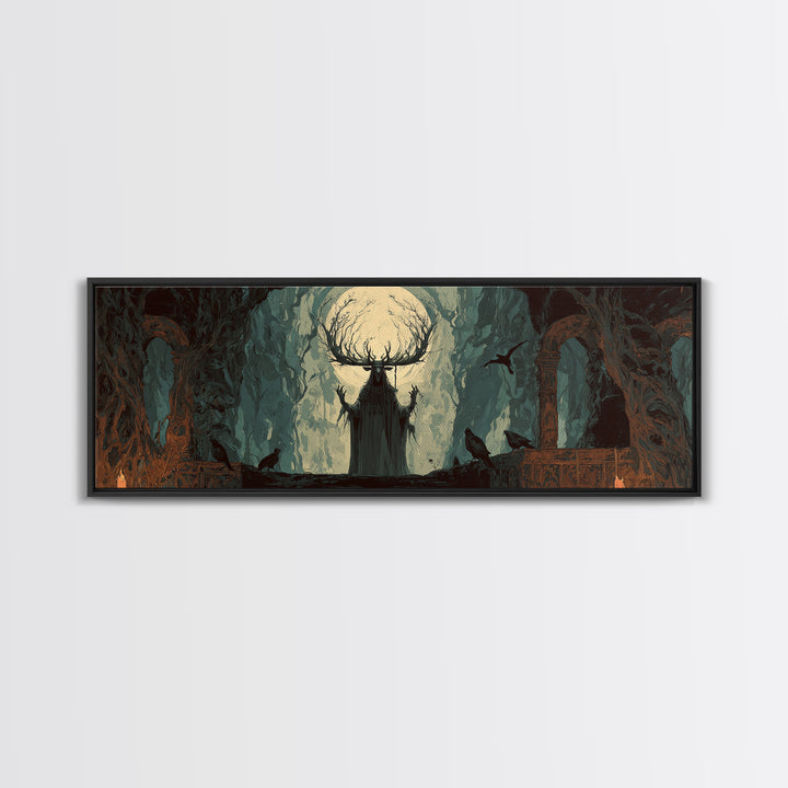 The Antlered Forest Spirit, Dark Romantic Horror Art, Extra Wide Wall Art, Dark Halloween Decor, Canvas Print, Halloween Wall Art