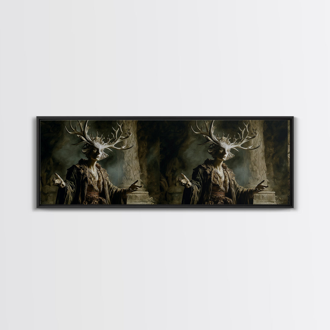 The Antlered Forest Spirit, Gothic Nightmare Art, Extra Wide Wall Art, Dark Fantasy Wall Art, Framed Canvas Print, Halloween Wall Art