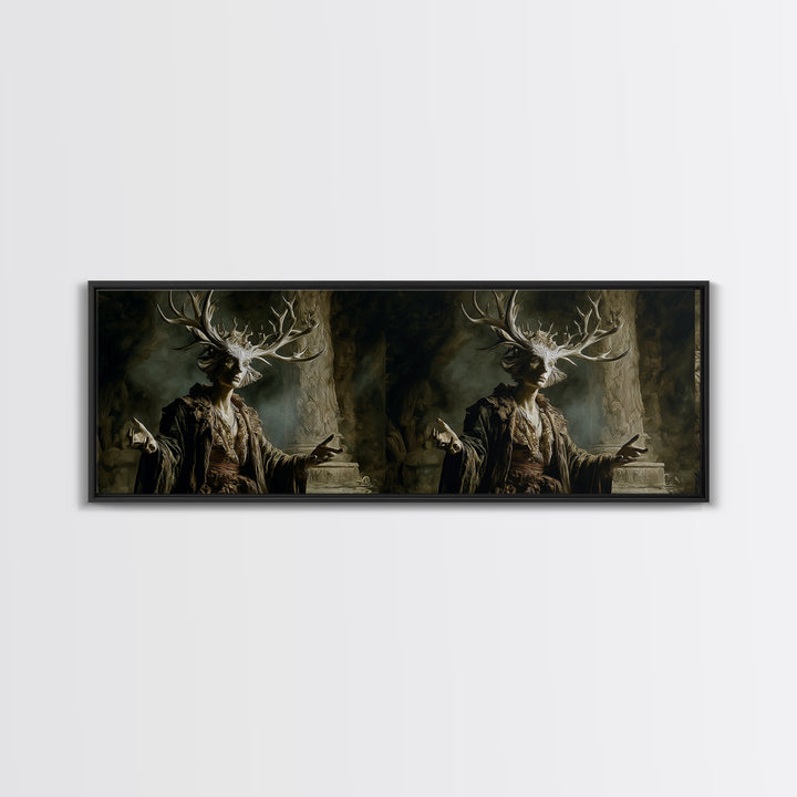 The Antlered Forest Spirit, Gothic Nightmare Art, Extra Wide Wall Art, Dark Fantasy Wall Art, Framed Canvas Print, Halloween Wall Art