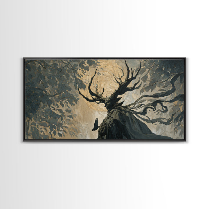 The Antlered Forest Spirit, Visionary Gothic Art, Wide Panoramic Art, Dark Fantasy Wall Art, Canvas Print, Halloween Wall Art
